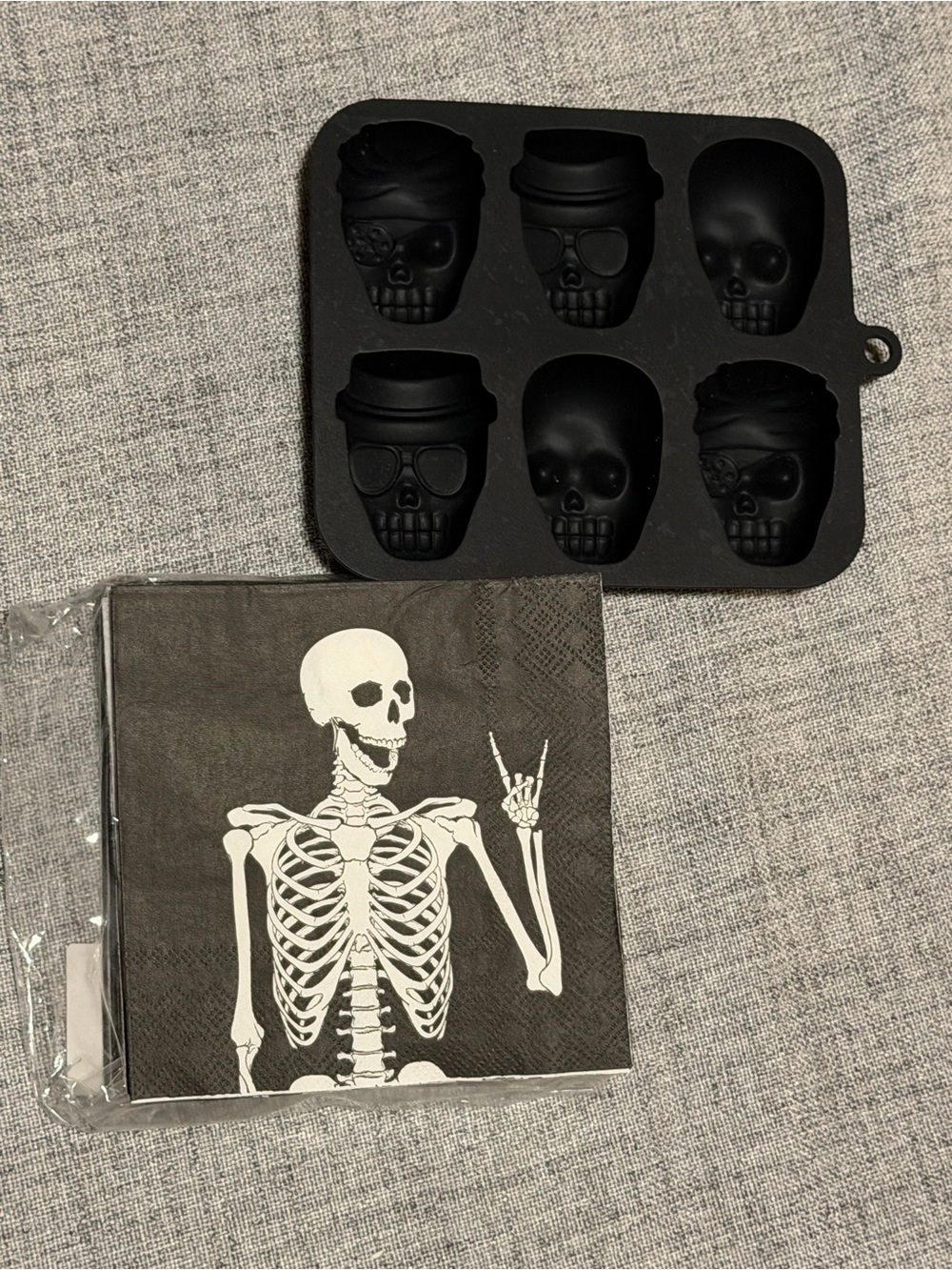 Black Skull Ice Tray and Skeleton Napkins Halloween Party Set